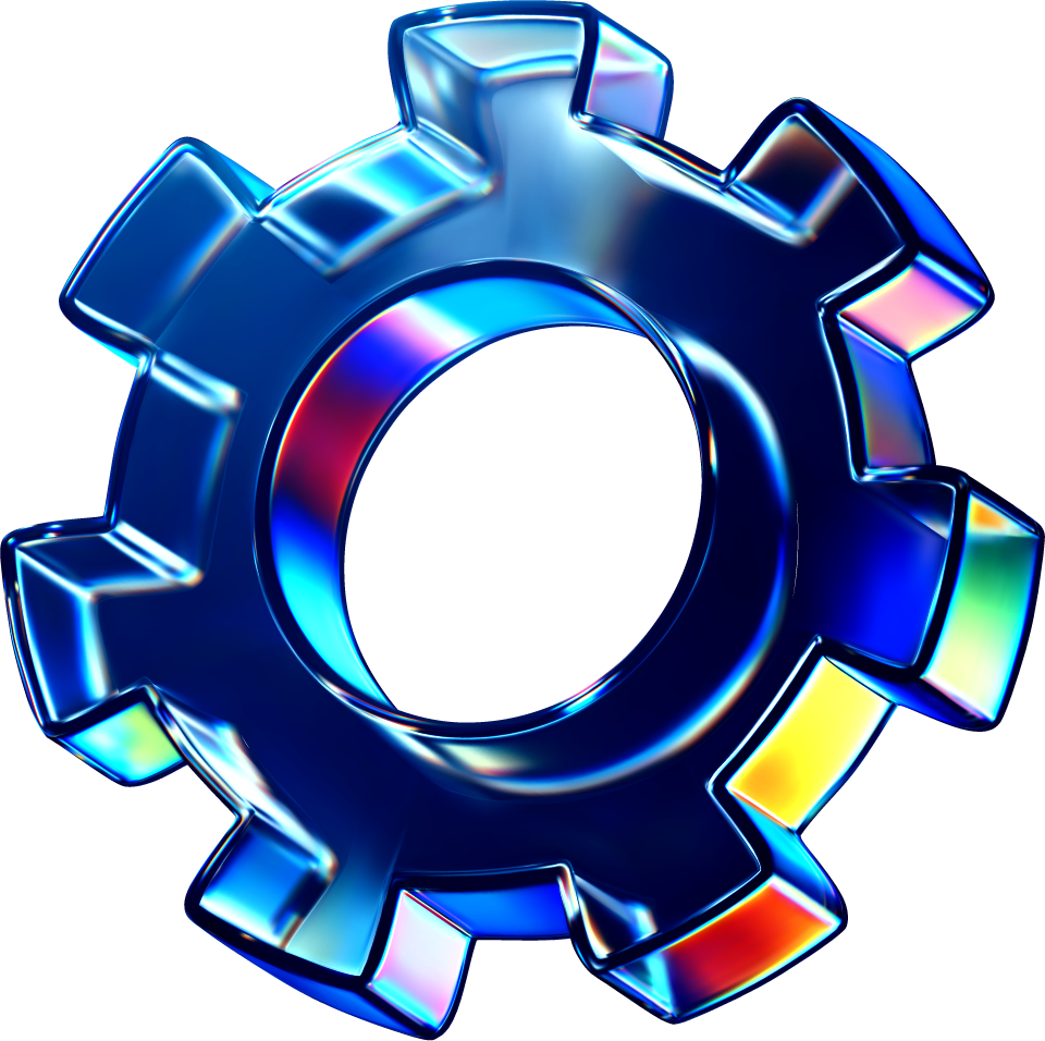 A 3D illustration of a blue glass cog refracting colorful lights