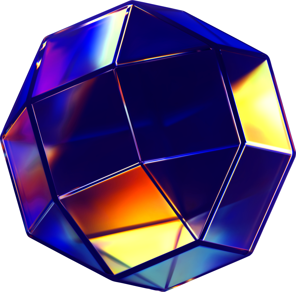A 3D illustration of a dark blue glass crystal shape refracting colorful lights
