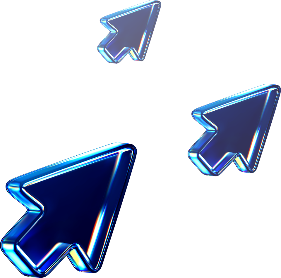 A 3D illustration of three blue glass cursors refracting colorful lights