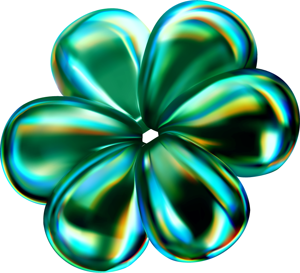 A 3D illustration of a green glass shape resembling a flower or clover refracting colorful lights