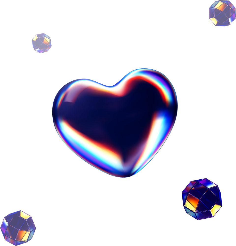 A 3D illustration of a dark blue glass crystal shape refracting colorful lights