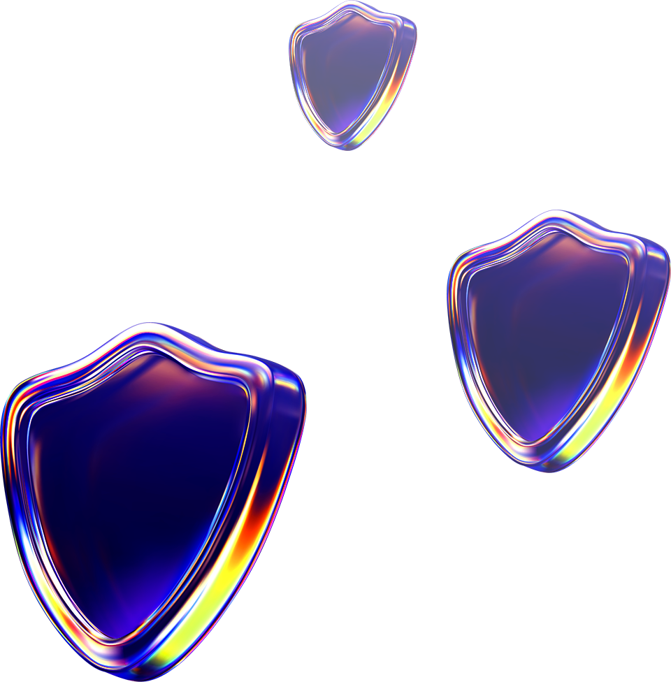A 3D illustration of dark blue glass shields refracting colorful lights