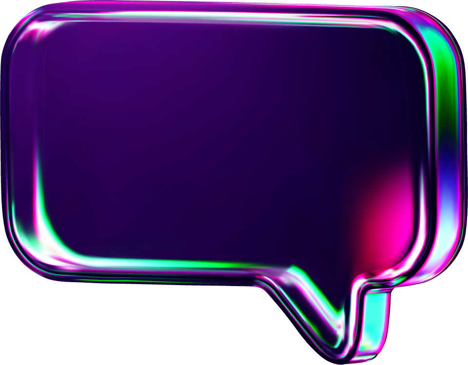 A 3D illustration of a pink glass speech bubble refracting colorful lights