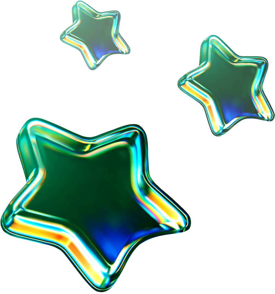 A 3D illustration of three green glass stars refracting colorful lights